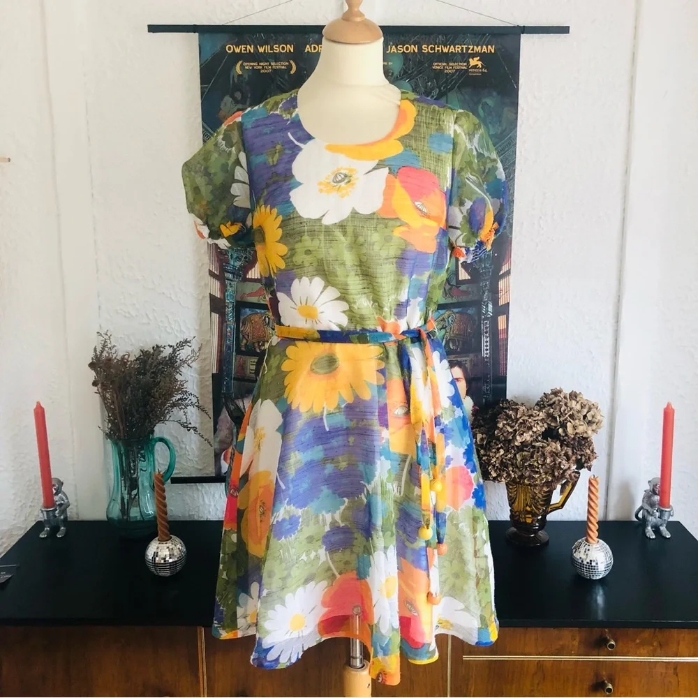 Vintage 1960’s Floral Puff Sleeve Dress Sixties Retro - Picture 1 of 6